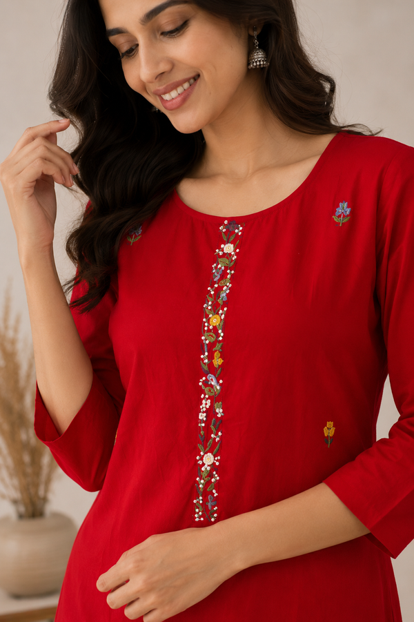 Vastrini Red❤️ Embroidered Cotton Kurti
