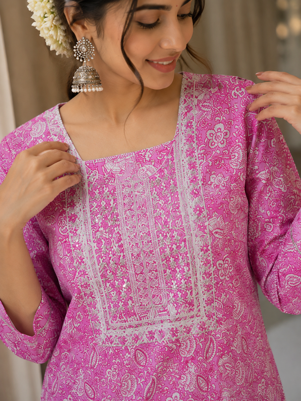 Vastrini🩷🌹🌸Pink Rose 2-pc Cotton Kurti set