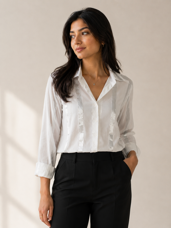 Shimmer stripe ✨🩵🤍satin white shirt