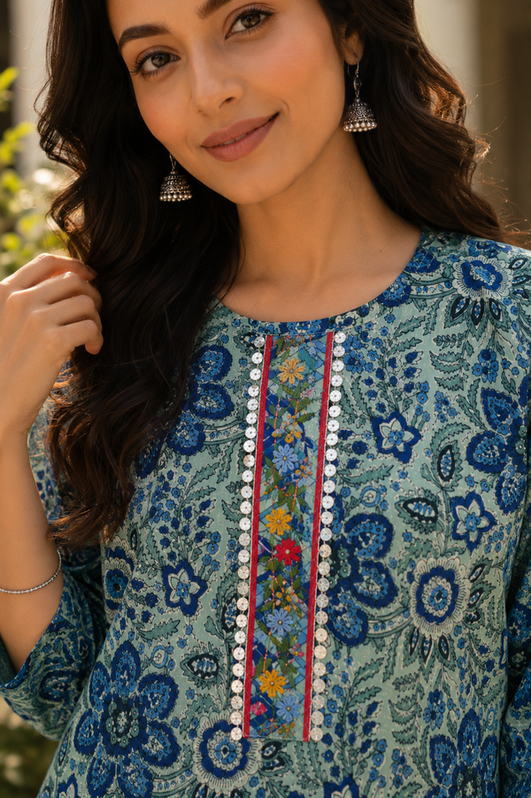 Vastrini 💙🩶Blue&grey Bloom 2-pc Cotton Kurti set