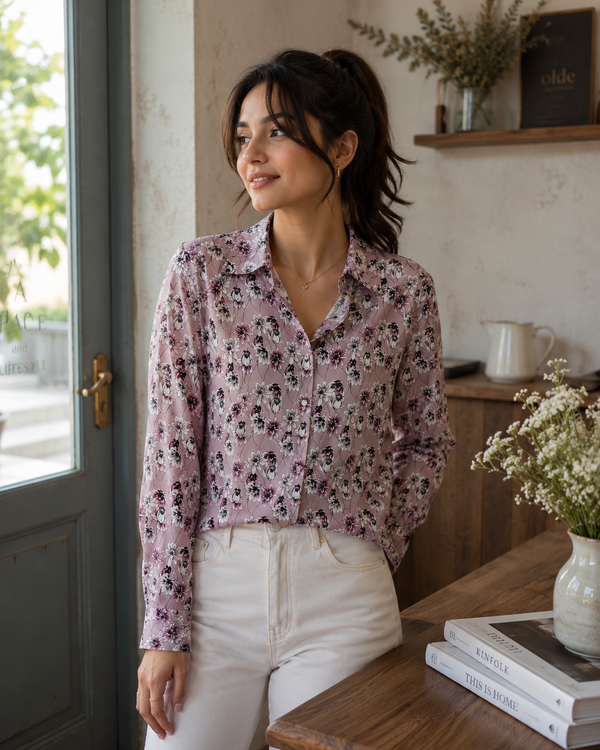 Grey🩶🩷blush pink floral printed shirt