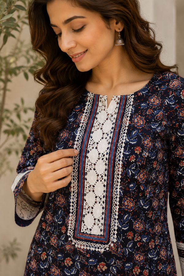 Vastrini💝lace+net floral print 2-pc Cotton Kurti set