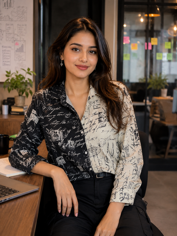 Half-and-Half black🖤🤍white abstract script shirt