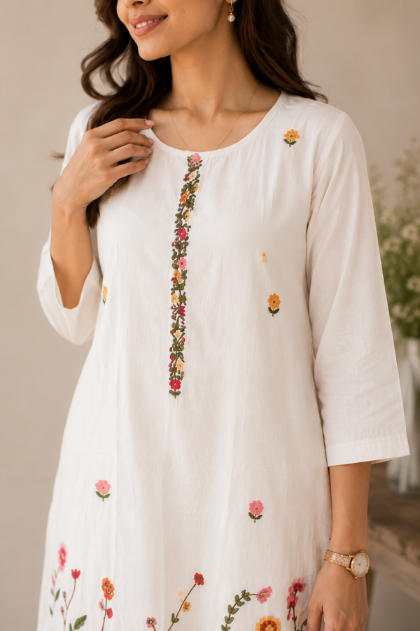 Vastrini🤍CREAM Floral Embroidered Cotton Kurti