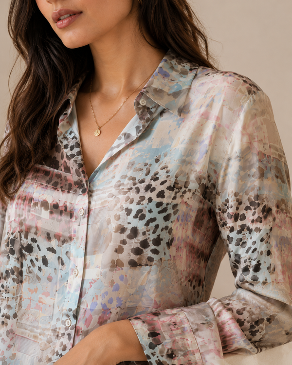 Abstract 🐆leopard-animal 🩶🤎🤍printed satin shirt