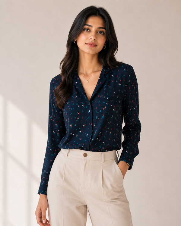 Navy 💙🌈abstract speckled printed shirt