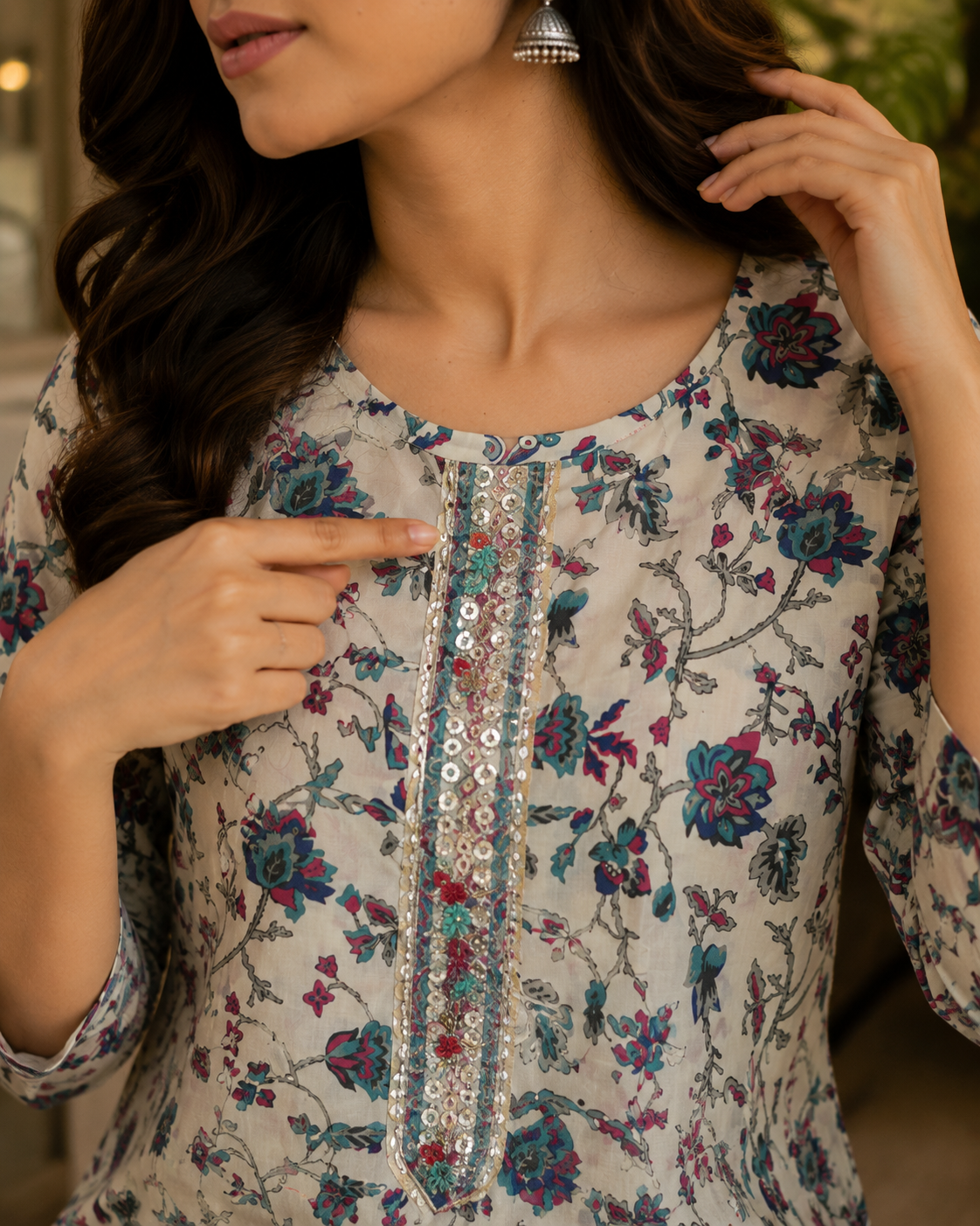 Vastrini🌸🪻💮 white Floral Charm 2-pc Cotton Kurti set